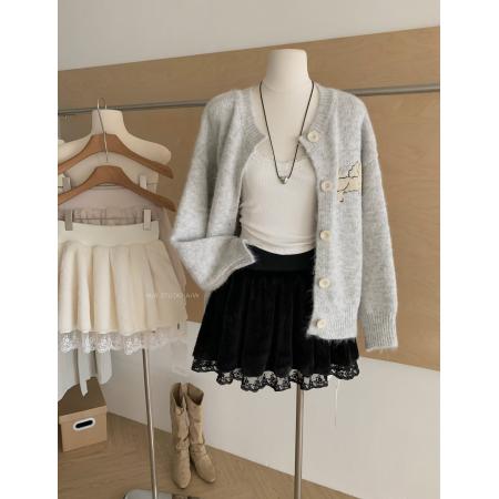 FA47939# 晴冬莓果白月光感纯欲蕾丝拼接厚款半身裙毛呢百搭短裙 服裝批發女裝批發服飾貨源