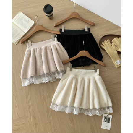 FA47939# 晴冬莓果白月光感纯欲蕾丝拼接厚款半身裙毛呢百搭短裙 服裝批發女裝批發服飾貨源