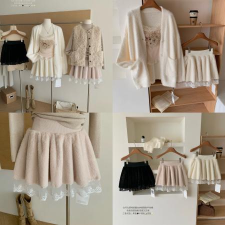 FA47939# 晴冬莓果白月光感纯欲蕾丝拼接厚款半身裙毛呢百搭短裙 服裝批發女裝批發服飾貨源