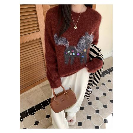 FA47940# 圣诞小马新年毛衣粗支缎染亮片苏利羊驼毛内搭针织衫女冬 服裝批發女裝批發服飾貨源