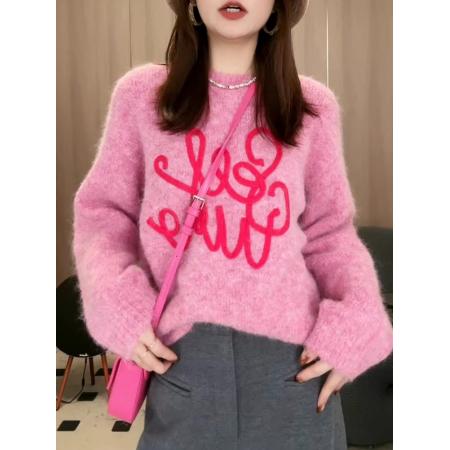 FA47941# 韩版粉色字母套头针织衫女春季高级新款毛衣miu里miu气穿搭上衣潮 服裝批發女裝批發服飾貨源
