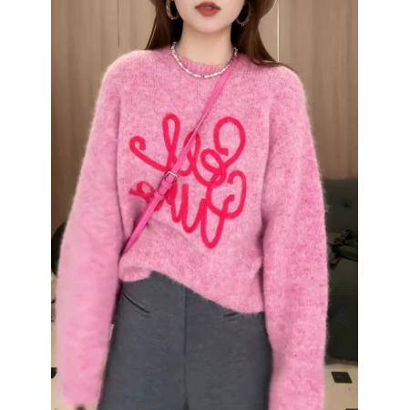 FA47941# 韩版粉色字母套头针织衫女春季高级新款毛衣miu里miu气穿搭上衣潮 服裝批發女裝批發服飾貨源