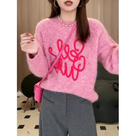FA47941# 韩版粉色字母套头针织衫女春季高级新款毛衣miu里miu气穿搭上衣潮 服裝批發女裝批發服飾貨源