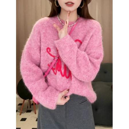 FA47941# 韩版粉色字母套头针织衫女春季高级新款毛衣miu里miu气穿搭上衣潮 服裝批發女裝批發服飾貨源