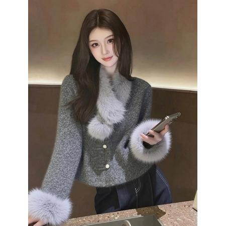 FA47942# 韩系名媛气质小香风设计感轻奢减龄洋气高级感灰色毛茸外套女秋冬 服裝批發女裝批發服飾貨源