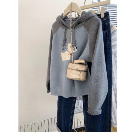 FA47943# 蓝色小狗连帽套头毛衣女装早秋季加厚宽松小个子针织衫上衣 服裝批發女裝批發服飾貨源