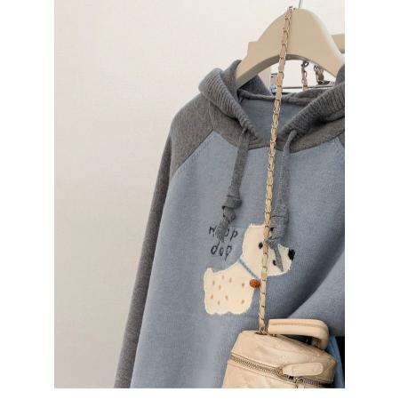 FA47943# 蓝色小狗连帽套头毛衣女装早秋季加厚宽松小个子针织衫上衣 服裝批發女裝批發服飾貨源