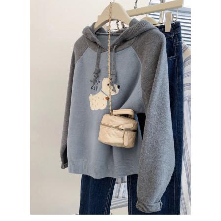 FA47943# 蓝色小狗连帽套头毛衣女装早秋季加厚宽松小个子针织衫上衣 服裝批發女裝批發服飾貨源