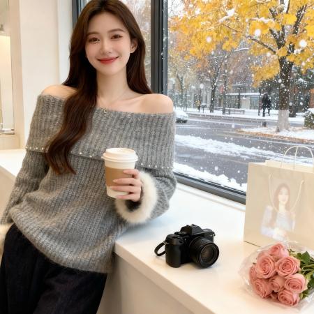 FA47944# 圣诞过年红色翻领一字肩钉珠针织衫女秋冬新款胖MM巨好看显瘦毛衣 服裝批發女裝批發服飾貨源