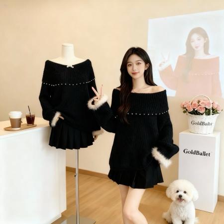 FA47944# 圣诞过年红色翻领一字肩钉珠针织衫女秋冬新款胖MM巨好看显瘦毛衣 服裝批發女裝批發服飾貨源