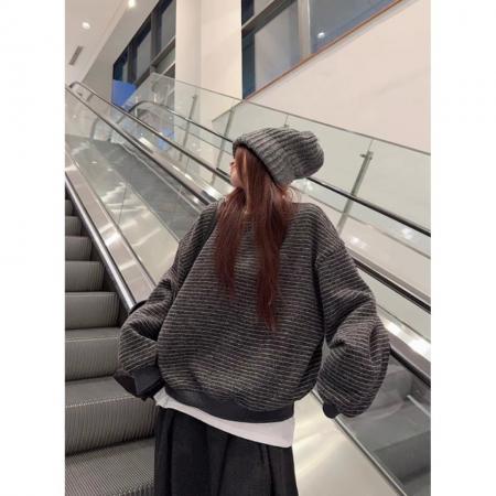 FA47946# 条纹套头长袖卫衣女秋季慵懒风宽松加绒加厚休闲显瘦上衣 服裝批發女裝批發服飾貨源