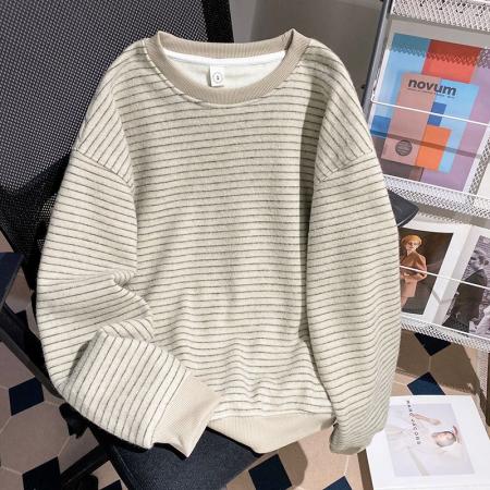 FA47946# 条纹套头长袖卫衣女秋季慵懒风宽松加绒加厚休闲显瘦上衣 服裝批發女裝批發服飾貨源