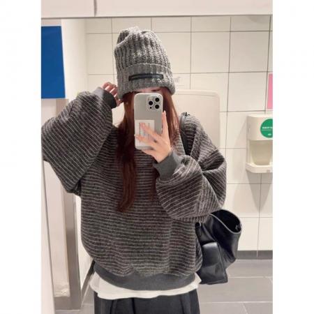 FA47946# 条纹套头长袖卫衣女秋季慵懒风宽松加绒加厚休闲显瘦上衣 服裝批發女裝批發服飾貨源