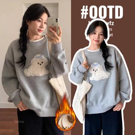 纯棉卫衣新款秋冬加绒加厚潮设计感圆领保暖卡通刺绣上衣 服裝批發女裝批發服飾貨源