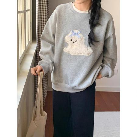 FA47947# 纯棉卫衣新款秋冬加绒加厚潮设计感圆领保暖卡通刺绣上衣 服裝批發女裝批發服飾貨源