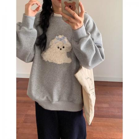 FA47947# 纯棉卫衣新款秋冬加绒加厚潮设计感圆领保暖卡通刺绣上衣 服裝批發女裝批發服飾貨源