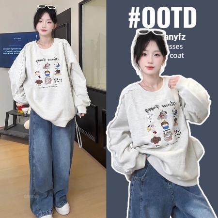 FA47948# 灰色小狗刺绣卫衣新款秋季蕾丝拼接宽松慵懒风秋冬上衣 服裝批發女裝批發服飾貨源