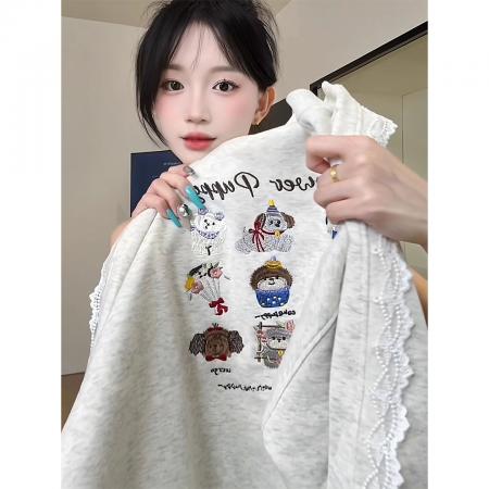 FA47948# 灰色小狗刺绣卫衣新款秋季蕾丝拼接宽松慵懒风秋冬上衣 服裝批發女裝批發服飾貨源