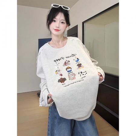 FA47948# 灰色小狗刺绣卫衣新款秋季蕾丝拼接宽松慵懒风秋冬上衣 服裝批發女裝批發服飾貨源