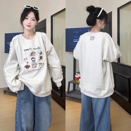 FA47948# 灰色小狗刺绣卫衣新款秋季蕾丝拼接宽松慵懒风秋冬上衣 服裝批發女裝批發服飾貨源