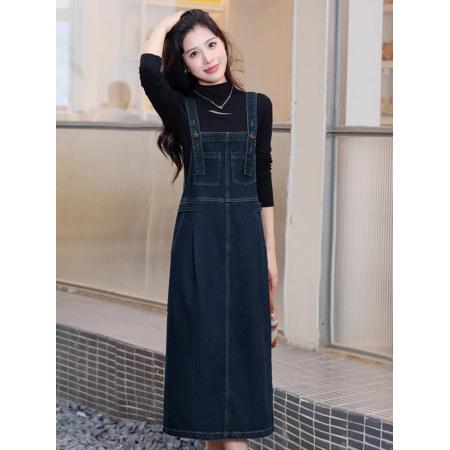 FA47949# 甜系牛仔背带裙春夏新款学生拼色女小个子显瘦中长裙 服裝批發女裝批發服飾貨源