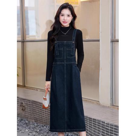 FA47949# 甜系牛仔背带裙春夏新款学生拼色女小个子显瘦中长裙 服裝批發女裝批發服飾貨源