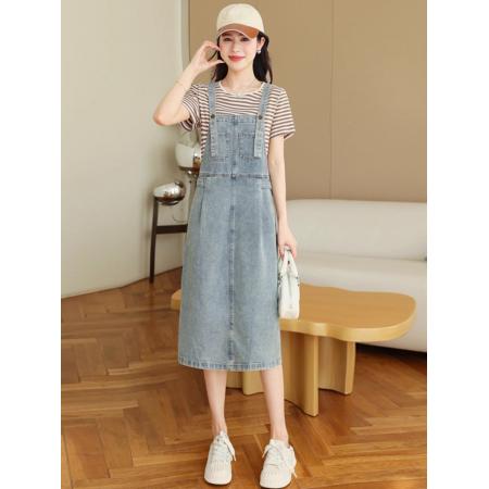 FA47949# 甜系牛仔背带裙春夏新款学生拼色女小个子显瘦中长裙 服裝批發女裝批發服飾貨源