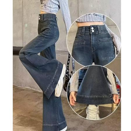 直筒牛仔裤女秋冬季加绒加厚小个子高腰宽松显瘦窄版阔腿 服裝批發女裝批發服飾貨源