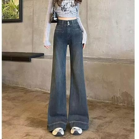 FA47950# 直筒牛仔裤女秋冬季加绒加厚小个子高腰宽松显瘦窄版阔腿 服裝批發女裝批發服飾貨源