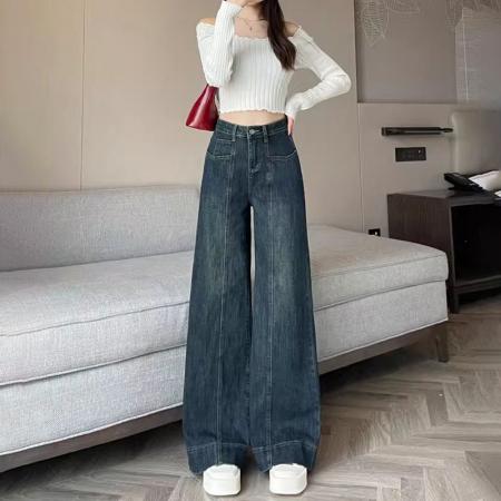 FA47952# 复古高腰阔腿牛仔裤女春秋新款设计感宽松百搭垂坠感拖地直筒裤子 服裝批發女裝批發服飾貨源