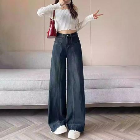 FA47952# 复古高腰阔腿牛仔裤女春秋新款设计感宽松百搭垂坠感拖地直筒裤子 服裝批發女裝批發服飾貨源