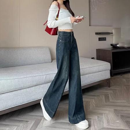 FA47952# 复古高腰阔腿牛仔裤女春秋新款设计感宽松百搭垂坠感拖地直筒裤子 服裝批發女裝批發服飾貨源