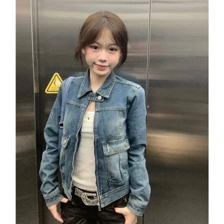 翻领牛仔外套女春季新款甜酷短款机车服韩版气质夹克外衣 服裝批發女裝批發服飾貨源