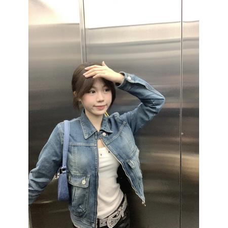 FA47954# 翻领牛仔外套女春季新款甜酷短款机车服韩版气质夹克外衣 服裝批發女裝批發服飾貨源