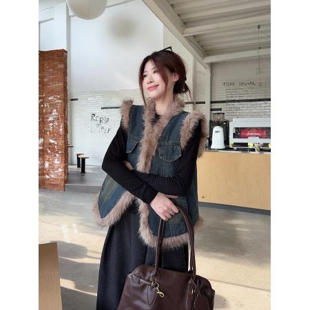 FA47955# 复古秋季网红拼接气质牛仔马甲外套女毛毛绒无袖坎肩ins 服裝批發女裝批發服飾貨源