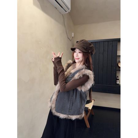 FA47955# 复古秋季网红拼接气质牛仔马甲外套女毛毛绒无袖坎肩ins 服裝批發女裝批發服飾貨源