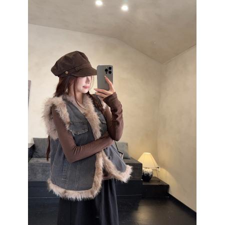 FA47955# 复古秋季网红拼接气质牛仔马甲外套女毛毛绒无袖坎肩ins 服裝批發女裝批發服飾貨源