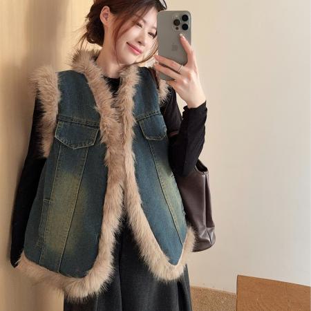 FA47955# 复古秋季网红拼接气质牛仔马甲外套女毛毛绒无袖坎肩ins 服裝批發女裝批發服飾貨源