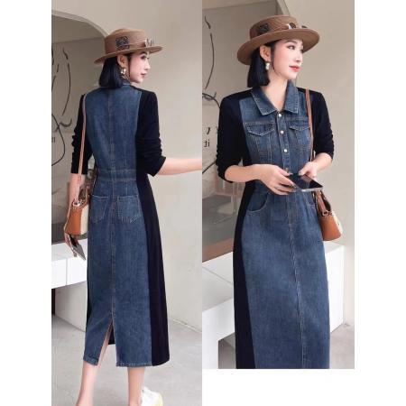 FA47959# 欧洲站秋季新款复古时尚洋气拼接撞色POLO领修身显瘦连衣裙 服裝批發女裝批發服飾貨源