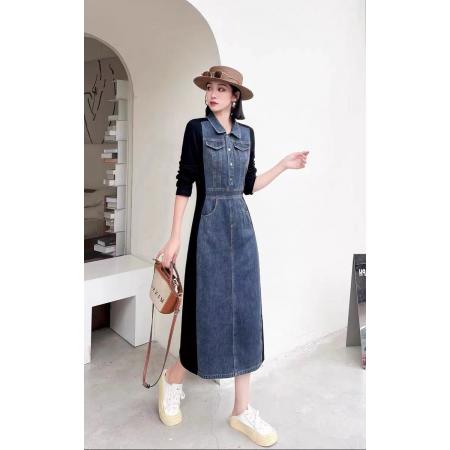 FA47959# 欧洲站秋季新款复古时尚洋气拼接撞色POLO领修身显瘦连衣裙 服裝批發女裝批發服飾貨源