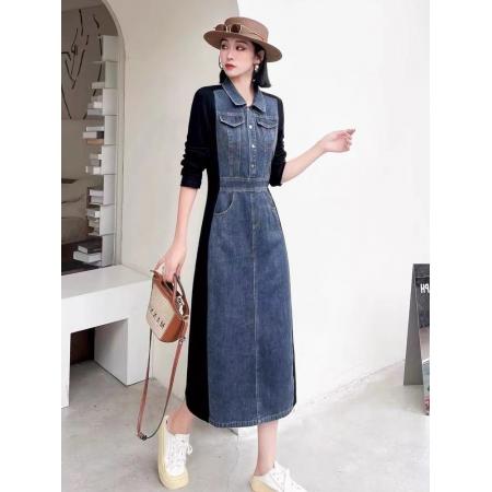 FA47959# 欧洲站秋季新款复古时尚洋气拼接撞色POLO领修身显瘦连衣裙 服裝批發女裝批發服飾貨源