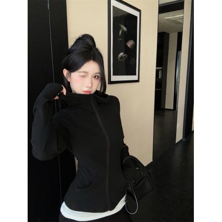 FA47961# 复古洋气连帽纯色卫衣外套女秋冬新款收腰显瘦长袖 服裝批發女裝批發服飾貨源