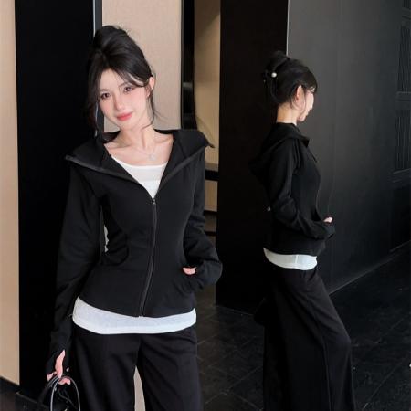 FA47961# 复古洋气连帽纯色卫衣外套女秋冬新款收腰显瘦长袖 服裝批發女裝批發服飾貨源