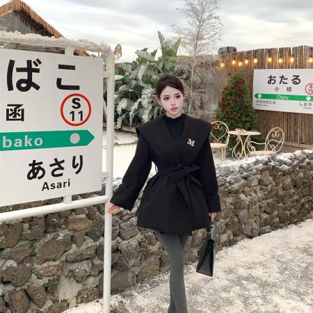 FA47962# 毛呢外套女冬新款气质海军领收腰系带减龄毛呢大衣 服裝批發女裝批發服飾貨源
