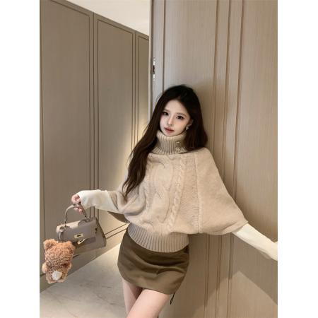 FA47964# 麻花高领毛衣女秋冬蝙蝠袖短款韩系慵懒高级感针织上衣 服裝批發女裝批發服飾貨源