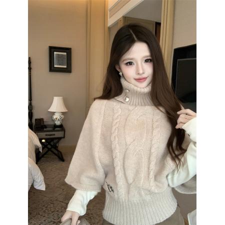 FA47964# 麻花高领毛衣女秋冬蝙蝠袖短款韩系慵懒高级感针织上衣 服裝批發女裝批發服飾貨源