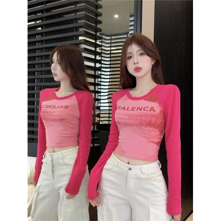 秋季设计感扎染字母印花拼接长袖美式辣妹修身上衣 服裝批發女裝批發服飾貨源