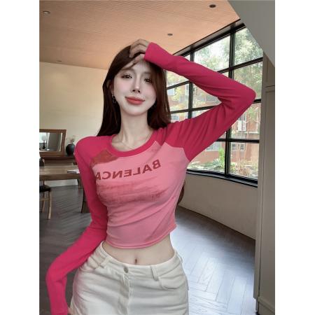 FA47965# 秋季设计感扎染字母印花拼接长袖美式辣妹修身上衣 服裝批發女裝批發服飾貨源