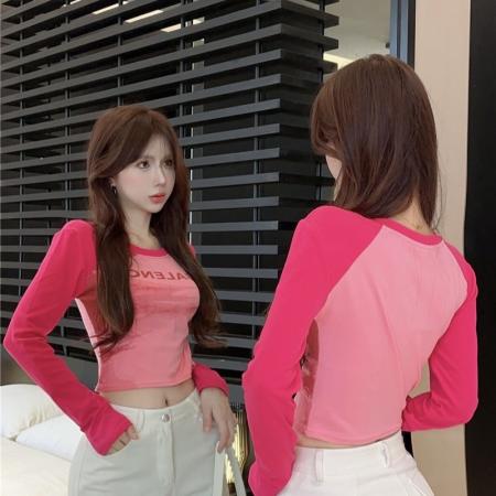 FA47965# 秋季设计感扎染字母印花拼接长袖美式辣妹修身上衣 服裝批發女裝批發服飾貨源