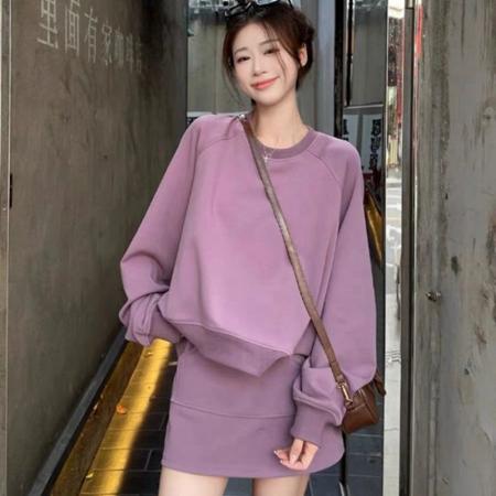 FA47966# 圆领长袖卫衣半身短裙高腰宽松显瘦运动休闲两件套装女秋 服裝批發女裝批發服飾貨源